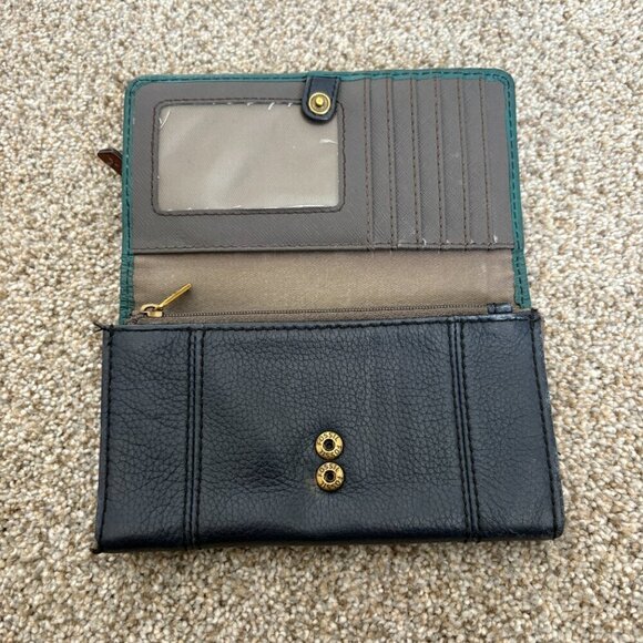 Fossil Navy Blue & Turquoise Leather Wallet Gold Hardwear - Picture 9 of 14